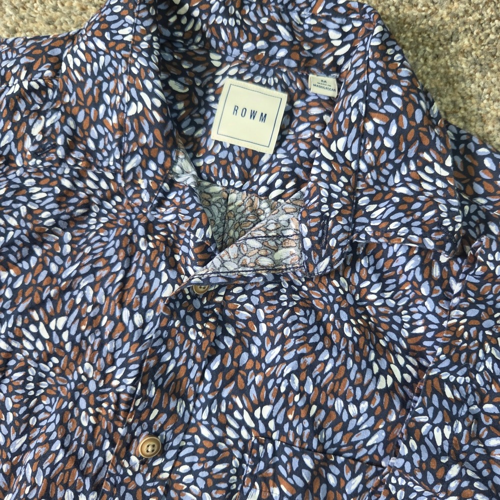 ROWM Mens Blue Brown Pebble Print Short Sleeve Cotton Button Down Shirt Size M